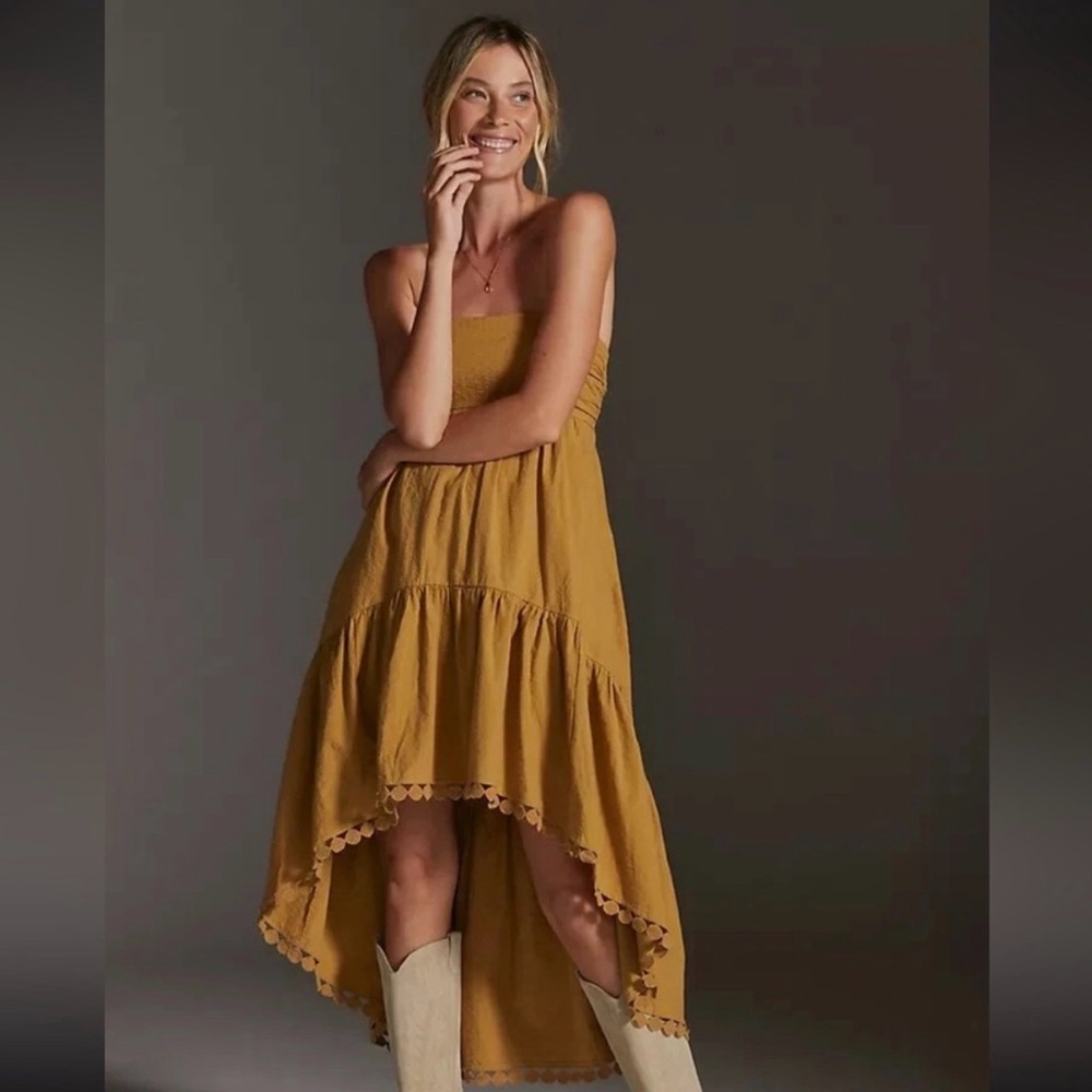 Anthropologie Maeve High-Low Strapless Bow Tie Midi Dress in gold